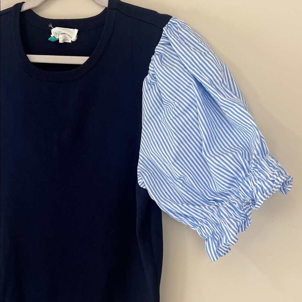 Anthropologie Blue Puff‎ Sleeve Layered Sweater Blouse Preppy Sz XL - Picture 2 of 7